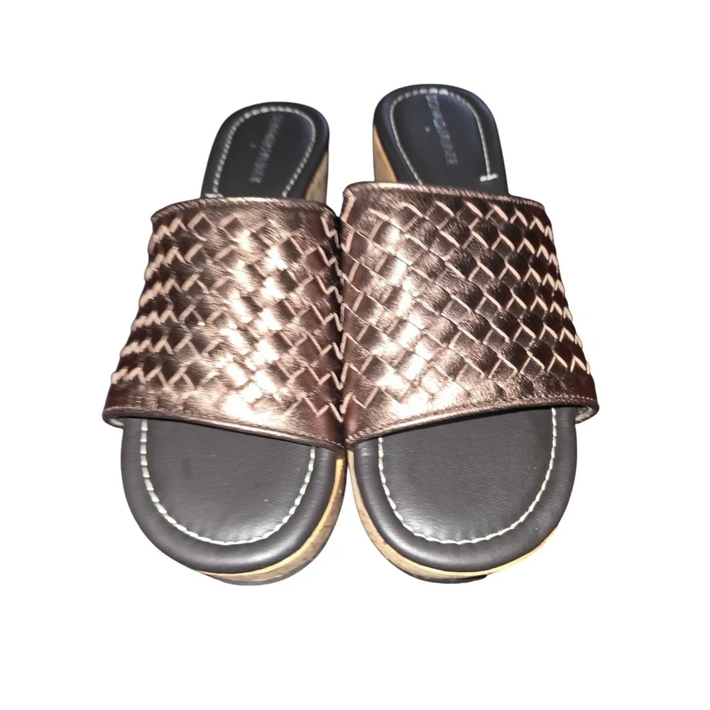 Donald J Pliner‎ Womens Bronze Metallic Woven Leather Cork Wedge Sandals sz8